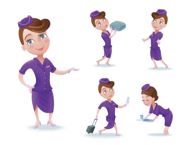 空姐卡通人物，机组人员，穿紫色制服的可爱女孩，提供食物，做安全简报，矢量插图图片下载