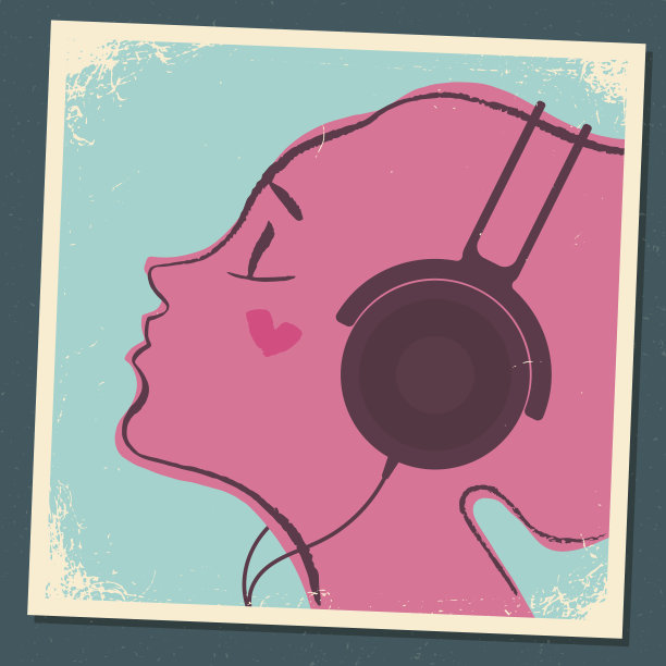 粉色年轻女孩侧面像和耳机的爱心现代音乐概念矢量插画图片下载