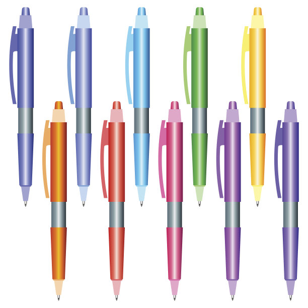 一套以白色为背景的多色钢笔。图片下载