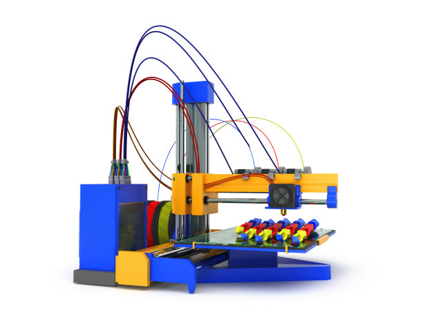 3d打印机的想法前面黄蓝色3d渲染在白色的背景图片下载