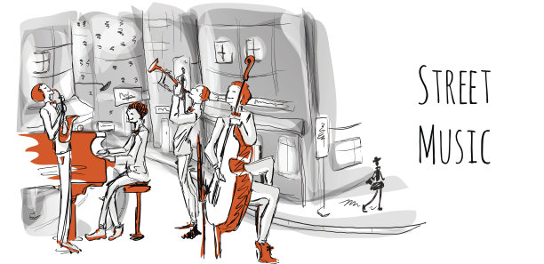 由街头音乐家组成的乐队。四重奏乐队在城市的街道上演奏爵士乐。矢量插图在素描风格。图片下载