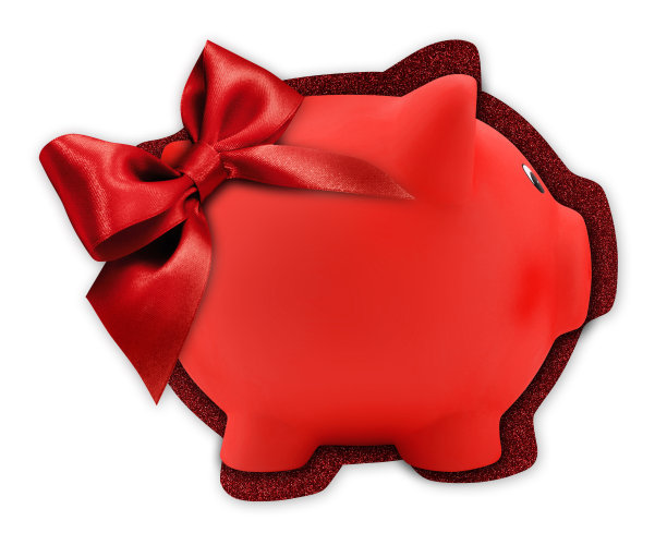 礼品卡标签在一个红色的小猪银行的形状与红色闪光丝带蝴蝶结孤立在白色的背景图片下载