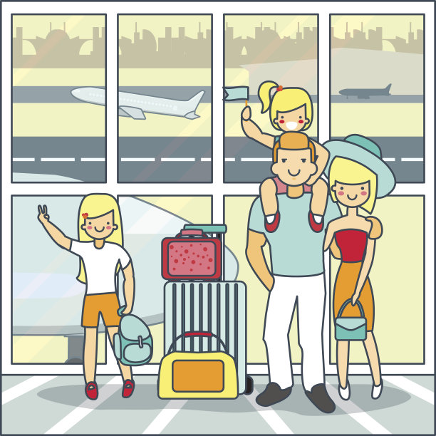 扁平风格的家庭航空旅行矢量插画素材图片