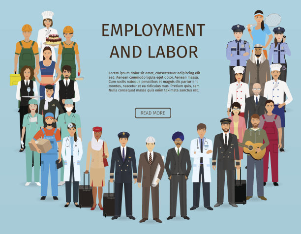 一群不同职业的人。就业和劳动节横幅。员工角色站在一起。图片下载