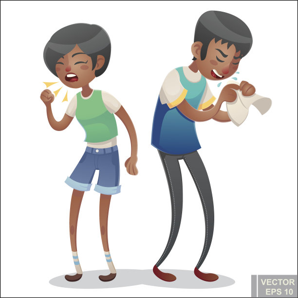 带病的男人女人。不幸的年轻的角色。向量卡通插图。男孩女孩拿着手帕咳嗽。季节过敏图片下载