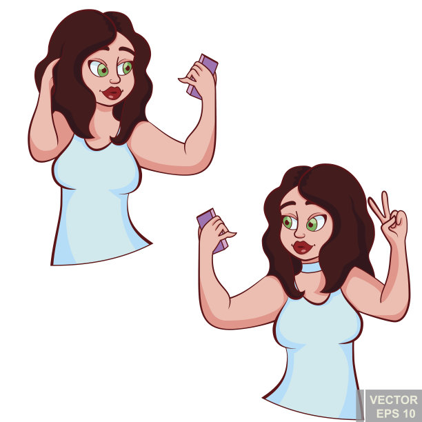 可爱的胖乎乎的胖女孩用智能手机自拍，美丽的女人摆姿势。剪贴艺术卡通矢量插图图片下载