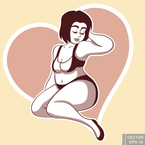 可爱的白黑胖乎乎的胖女孩在性感的泳衣摆姿势，美丽的女人摆姿势。剪贴艺术卡通矢量插图图片下载