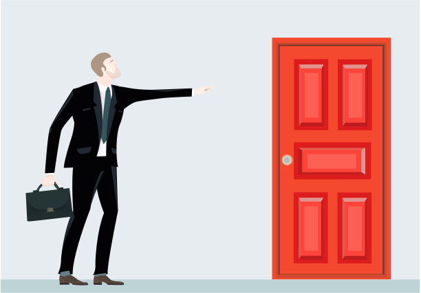 商人指着敞开的大门，代表着事业上的机遇和成功。业务概念说明图片下载