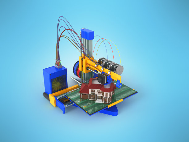 3d打印机的想法前面黄蓝色3d渲染在白色的背景图片下载