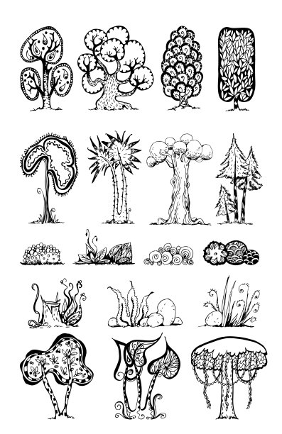 美丽的抽象树木设置，涂鸦，zentagle风格图片下载