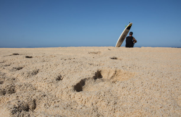 坐在海滩上冲浪板遮荫处的男人素材图片