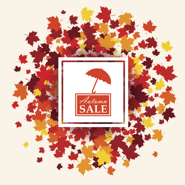 秋季销售横幅的白色白色的方形和标志与伞在中心。矢量插图与散落的枫叶在传统的秋天颜色-橙色，黄色，红色，棕色。孤立的图片下载
