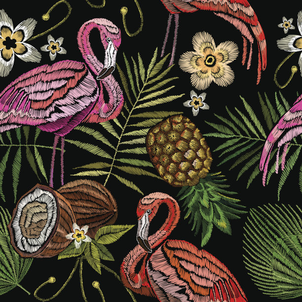 刺绣火烈鸟、棕榈树叶子、菠萝、椰子热带无缝图案。时尚刺绣粉红色火烈鸟，热带夏季背景。时尚的服装设计模板图片下载
