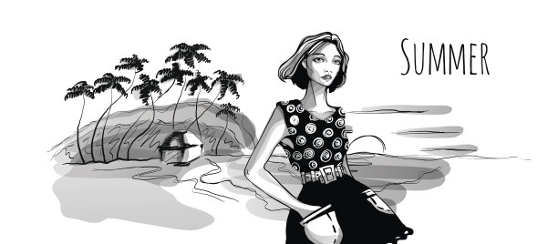 年轻时尚的女孩走在热带海滩上的棕榈树。矢量手绘草图插图，黑色和白色。图片下载