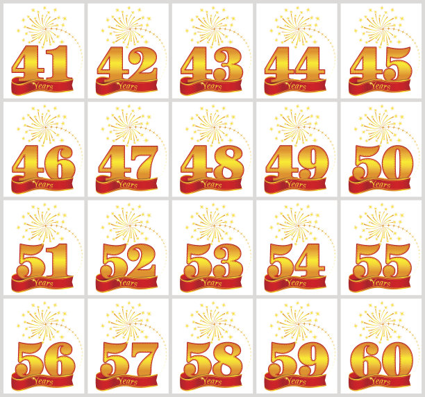 一组黄金数字从41到60和年度词汇在一个红丝带的背景。矢量插图。图片下载