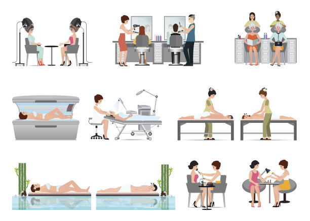 人们在水疗美容沙龙和各种美容程序上隔离白色。图片下载