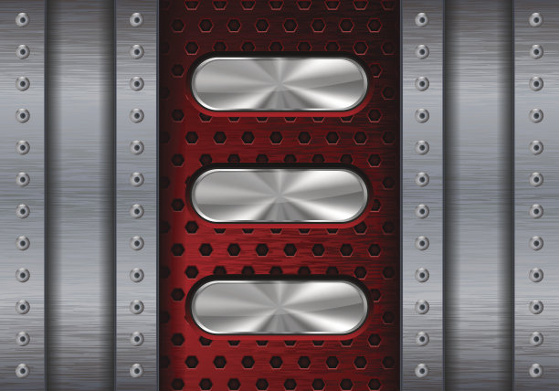 金属背景与红色穿孔和椭圆形钢按钮图片下载