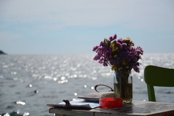 海边的桌子上放着鲜花图片下载