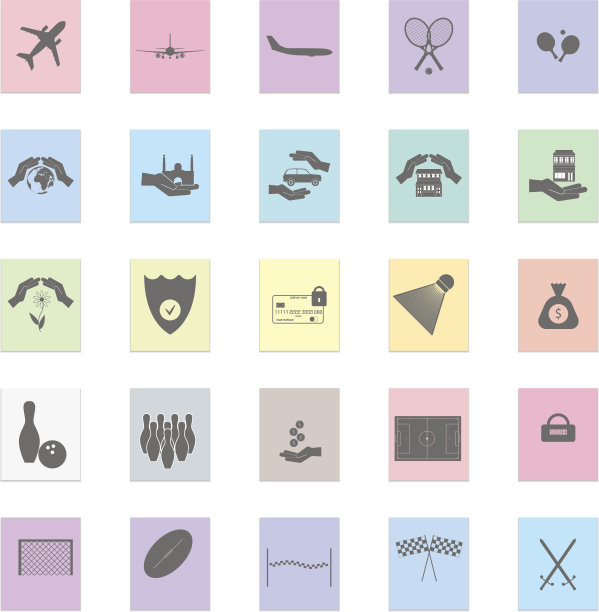 飞机，运动，保护设置向量黑色图标上的颜色贴纸图片下载