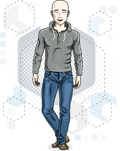 英俊的秃顶年轻人在现代背景与六边形。矢量插图的男性。剪纸艺术的生活主题。图片下载