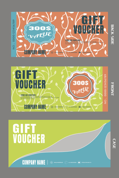 一套矢量空白礼品券与情况增加销售与模式上的绿色，红色背景。图片下载