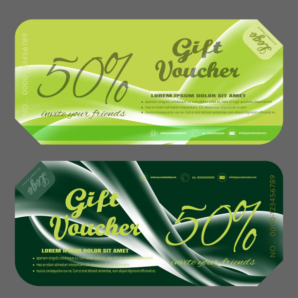 礼品券空白矢量插图，增加销售在绿色和深绿色背景与波浪。图片下载