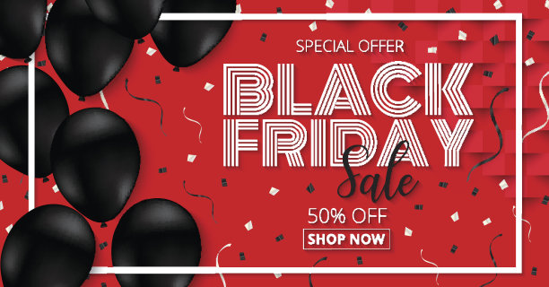 黑色星期五促销海报，红色背景黑色气球。图片下载