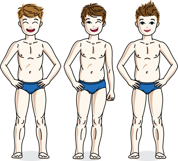 不同的少年男孩可爱的孩子们站在蓝色的内衣。矢量集美丽的孩子插图。图片下载