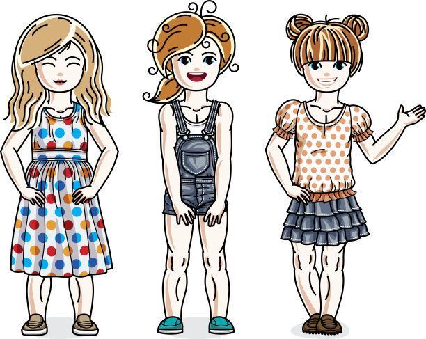 美丽快乐的小女孩穿着时尚的休闲服装摆姿势。矢量儿童插图集。童年和家庭生活漫画。图片下载
