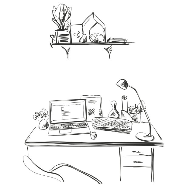 用电脑手绘现代工作空间的草图。图片下载