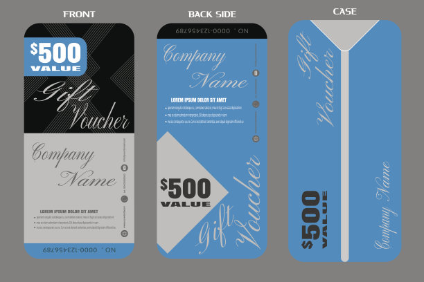 一套向量空白礼品券与案例，以吸引新客户在蓝色和灰色背景。图片下载