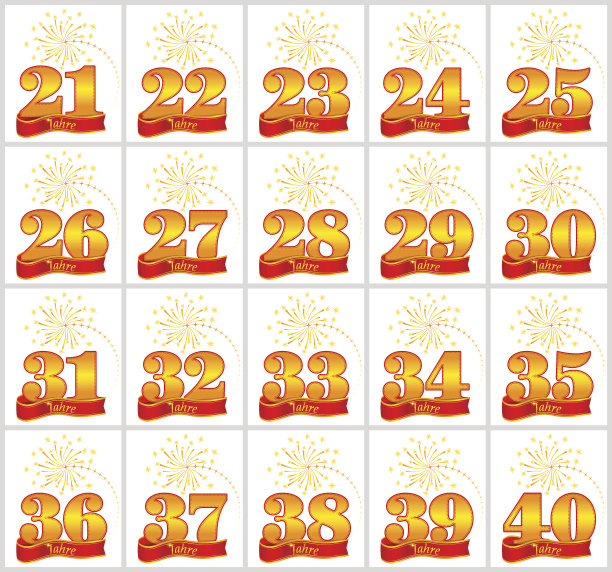 一组从21到40的金色数字和红色丝带背景上的年度词汇。矢量插图。翻译自德语-年图片下载