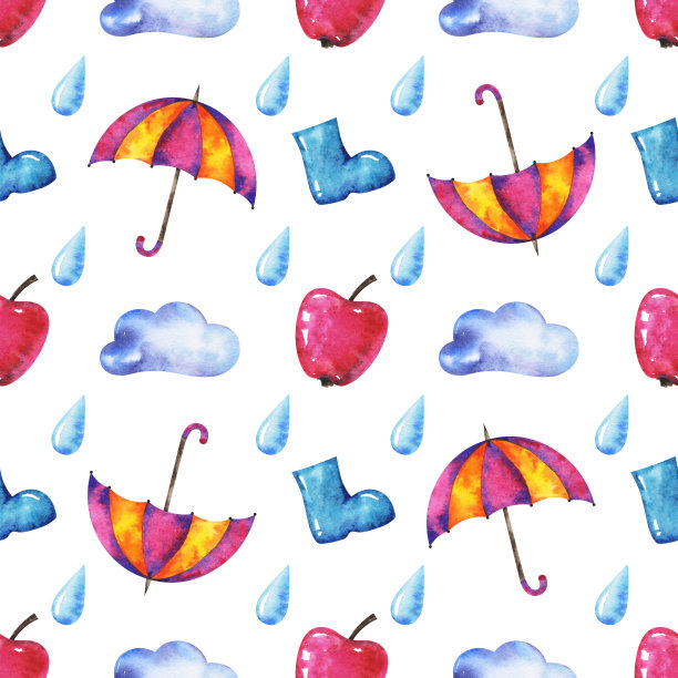 手绘水彩秋天无缝模式与伞，云，雨滴，苹果和橡胶膝盖靴在白色的背景图片下载