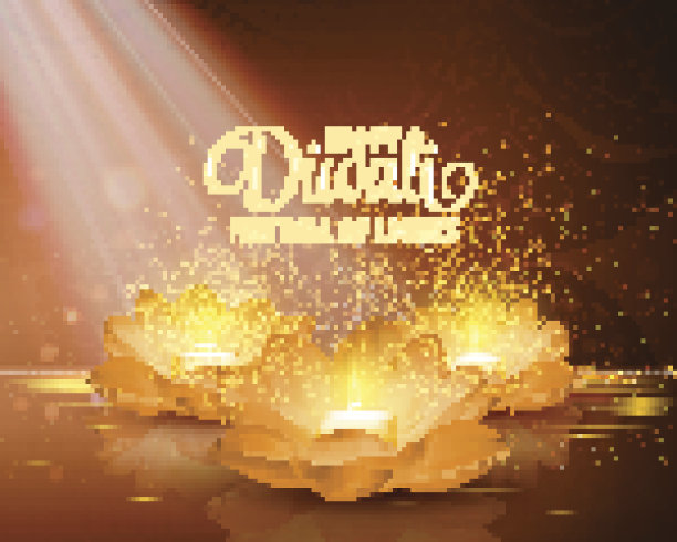 快乐的排灯节。向量。节日的灯光背景。问候的背景是金色的荷花和里面燃烧的蜡烛图片下载