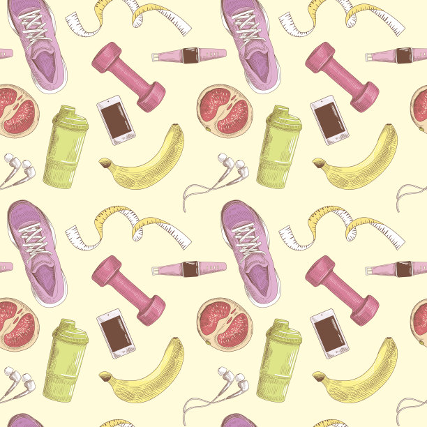 女性健康生活方式手绘无缝图案。健康的元素集。健身房，饮食和运动。矢量图图片下载