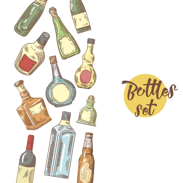 手绘瓶子菜单设计。葡萄酒，干邑酒瓶素描。矢量图图片下载