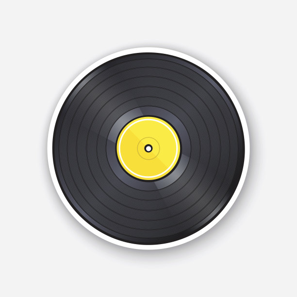 矢量插图。带有黄色标签的复古黑胶唱片。用于听单声道或立体声音乐的模拟媒体。老式塑料音频光盘。贴纸和轮廓。在白色背景上隔离图片下载