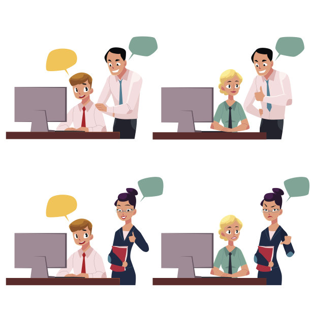 老板管理着在电脑上工作的员工，用赞许或不赞许的手势图片下载