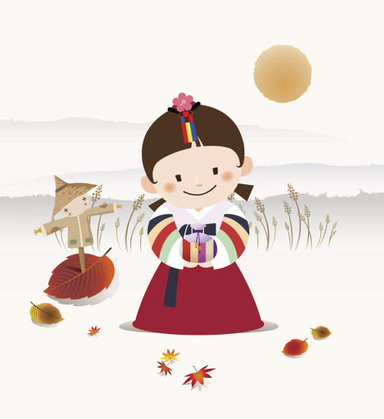 秋天的节日快乐。一个穿着韩国传统韩服的女孩在问候。图片下载