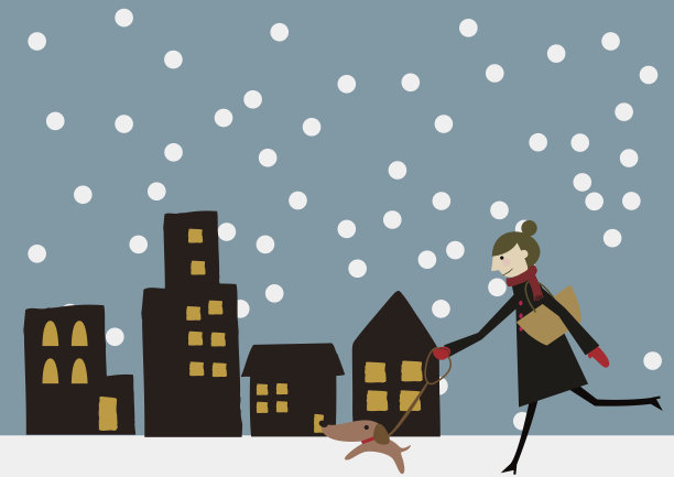 一个年轻女人和狗在冬天的城镇图片下载