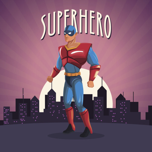 超级英雄服装漫画站在日落城市的背景图片下载