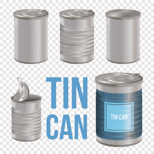 锡罐线条风格艺术设置透明背景。易拉罐，罐头食品现实向量包装模型，开放和封闭孤立的金属模板图片下载