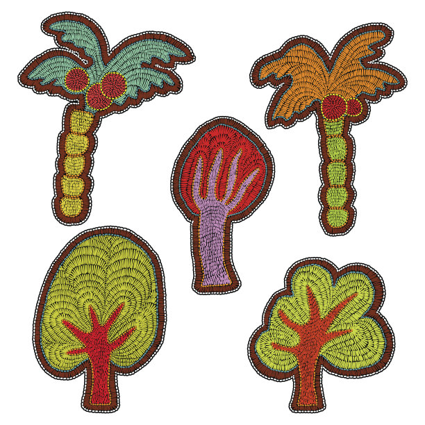 绣花树-一套贴纸。手绘卡通图片。图片下载