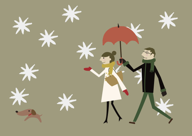 雪景图像与恋人和狗图片下载