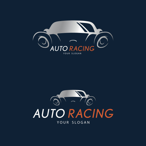 深蓝色背景上的赛车标志。银色跑车图标设计为经销商，商店，服务站，展厅或企业身份。图片下载