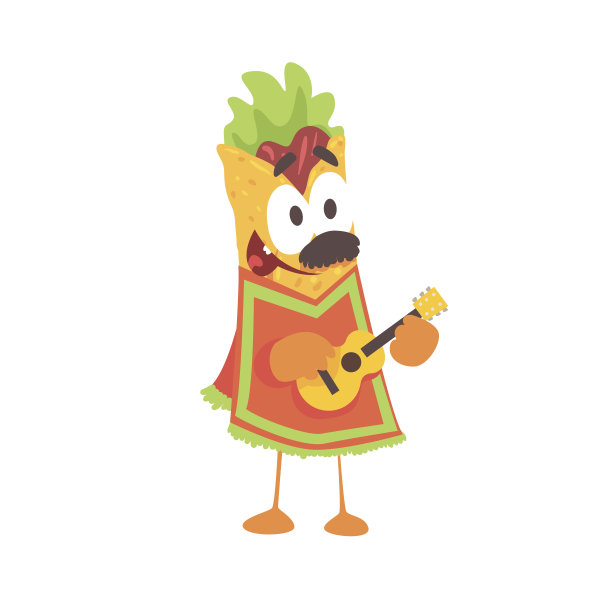 卡通卡通人物菲希塔包，墨西哥传统人性化食品在传统服装弹吉他矢量插画图片下载
