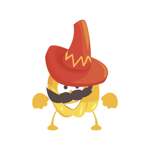 滑稽卡通人物黄椒头戴宽边草帽，墨西哥传统人性化食物在传统服装矢量插画图片下载