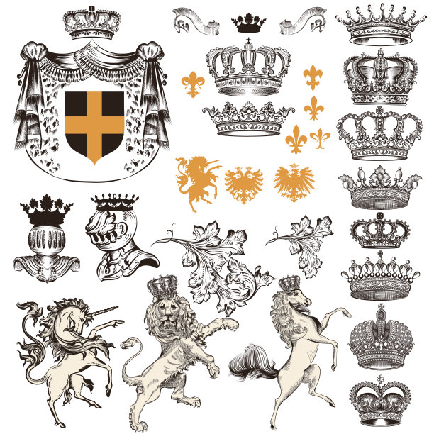 系列或一套复古风格的纹章元素，马，独角兽，狮子，盾牌王冠等图片下载
