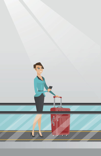 一名女子在机场的自动扶梯上使用智能手机图片下载