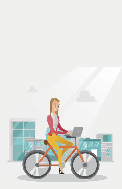 骑着自行车带着笔记本电脑的女商人图片下载
